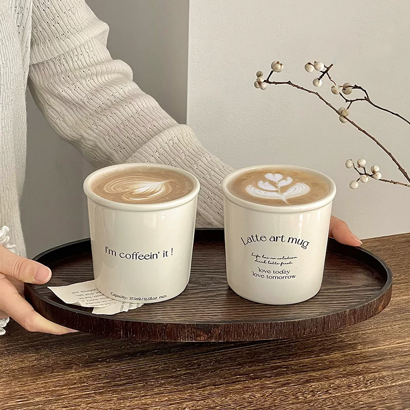 Ly cà phê gốm sứ cao cấp, ly latte, cốc cầm tay màu trắng sữa có chữ, cốc sữa gia dụng, cốc uống nước