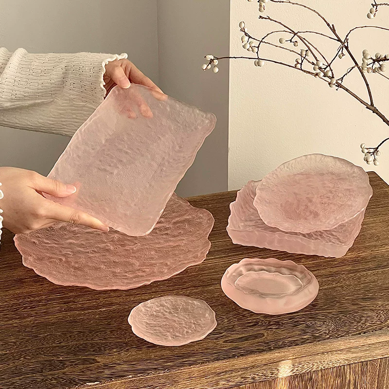 Đĩa thủy tinh màu hồng cao cấp, không đều hình dạng, dùng làm đĩa ăn vặt gia đình, đĩa trái cây, khay tráng miệng tinh tế, đồ dùng bàn ăn
