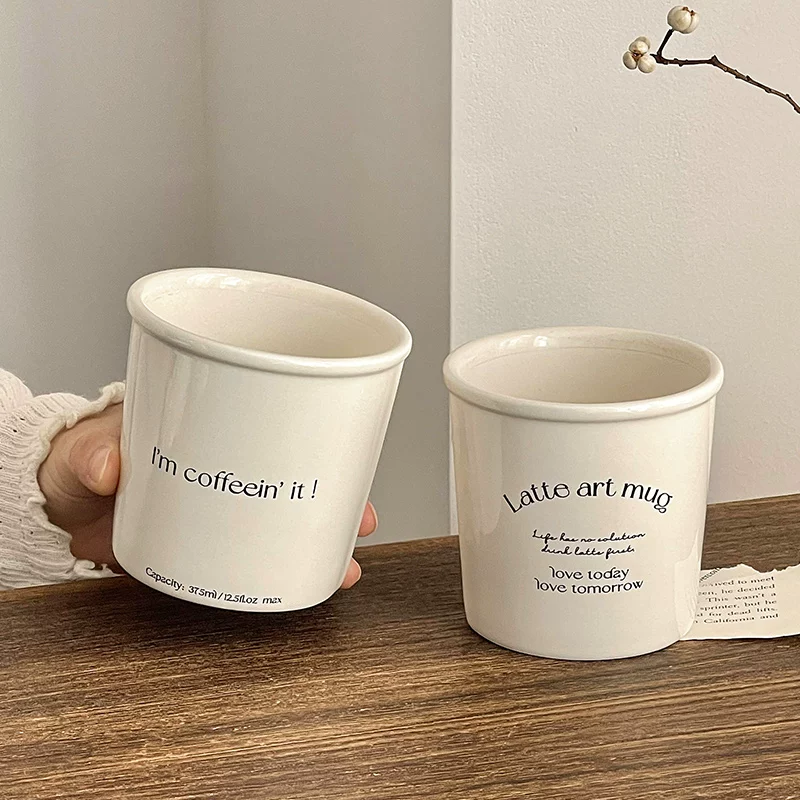 Ly cà phê gốm sứ cao cấp, ly latte, cốc cầm tay màu trắng sữa có chữ, cốc sữa gia dụng, cốc uống nước