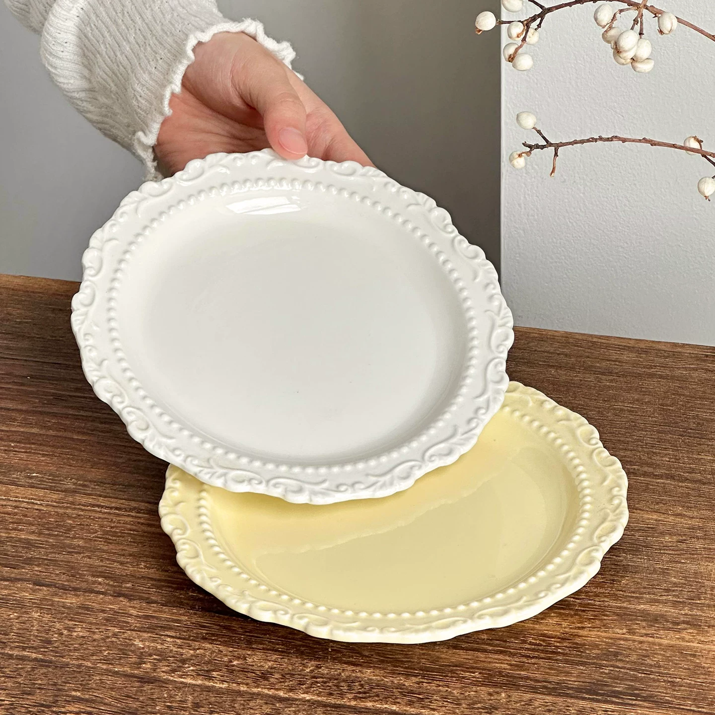 Đĩa tráng miệng gốm sứ nổi kiểu Pháp cổ điển, đĩa bánh, đồ dùng cao cấp sang trọng, đĩa ăn nhẹ gia đình, đồ dùng bàn ăn, đĩa dẹt