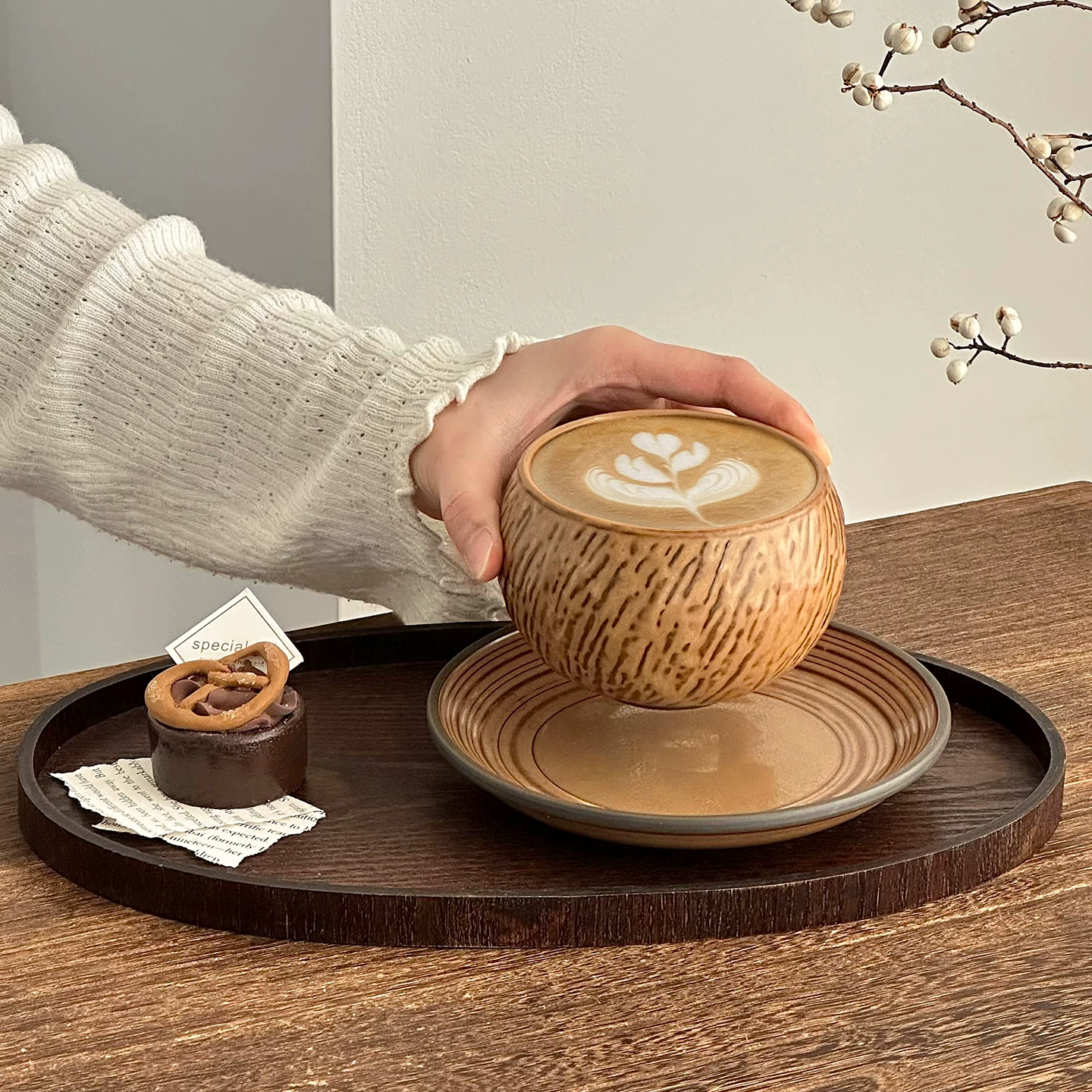 Tách cà phê gốm họa tiết vỏ dừa cổ điển, tách latte nghệ thuật gia dụng, tách trứng sáng tạo, bộ tách trà chiều và đĩa
