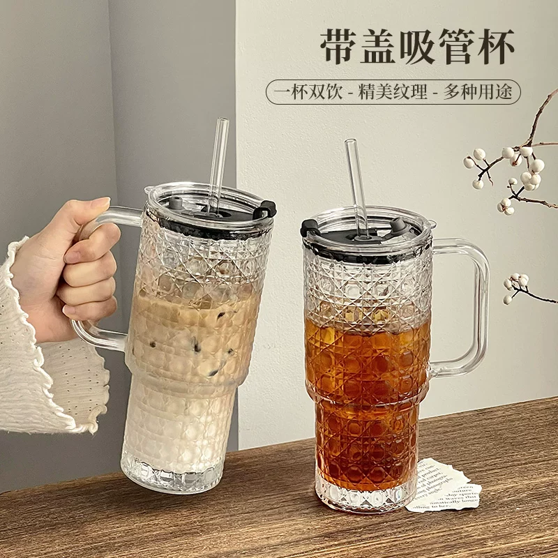 Cốc thủy tinh dung tích lớn có tay cầm, cốc cà phê latte đá Mỹ, cốc trà trái cây, cốc nước văn phòng có nắp
