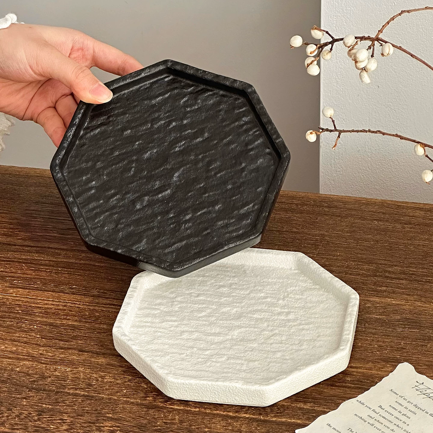 Đĩa gốm hình bát giác họa tiết đá sáng tạo, khay phong cách wabi-sabi, đĩa tráng miệng, đĩa ăn nhẹ trà chiều, đĩa trái cây cổ điển, đĩa đựng thức ăn