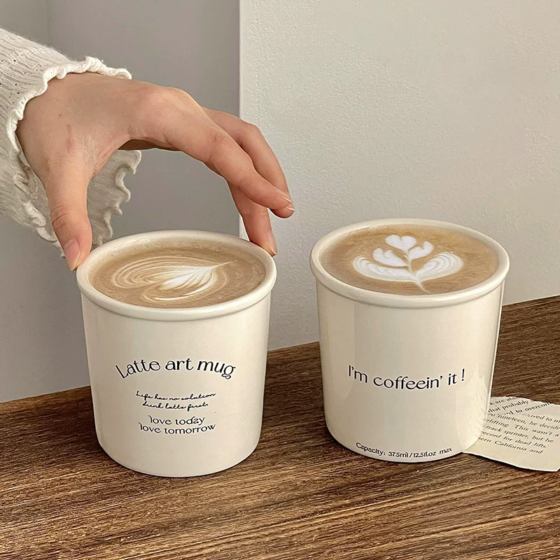 Ly cà phê gốm sứ cao cấp, ly latte, cốc cầm tay màu trắng sữa có chữ, cốc sữa gia dụng, cốc uống nước