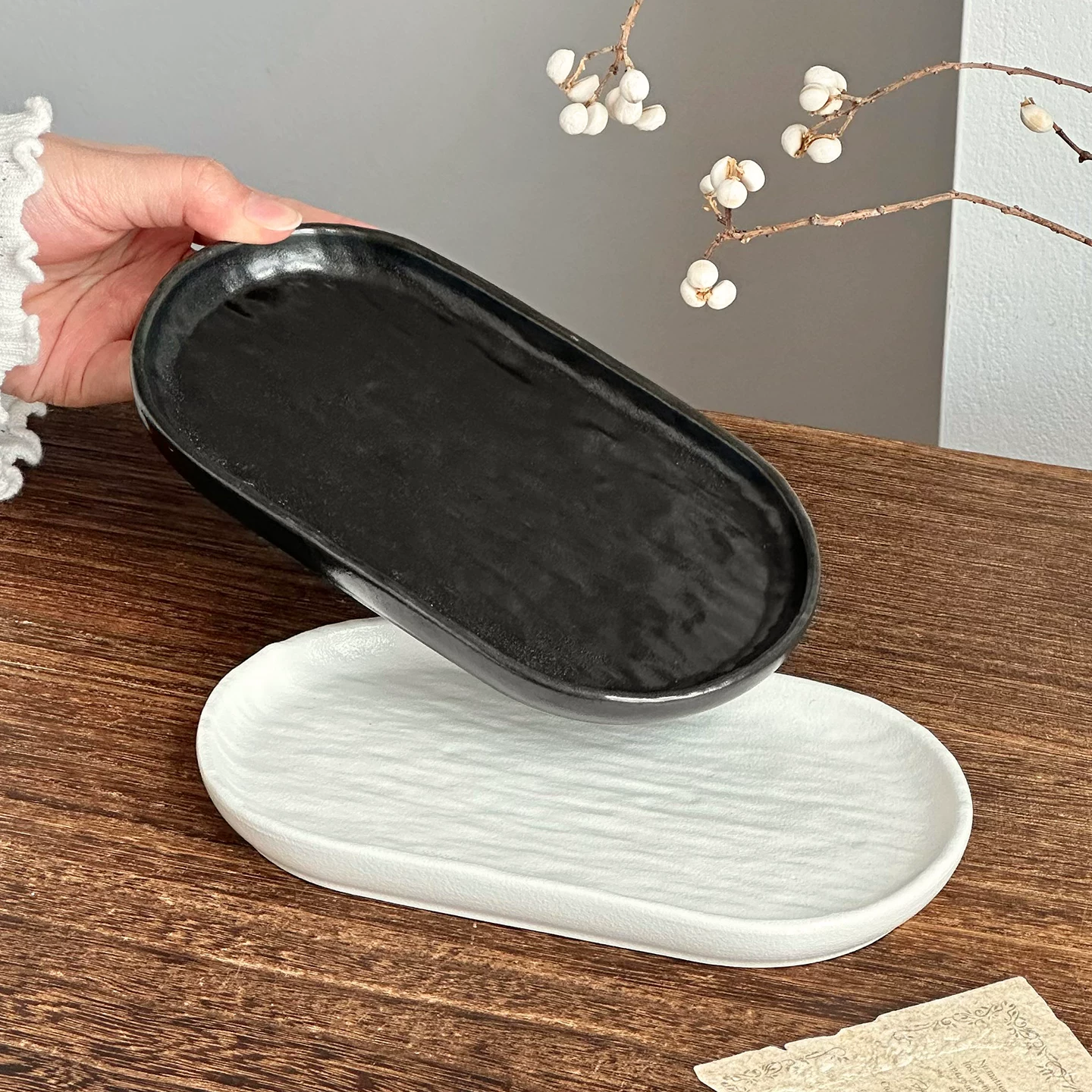 Đĩa gốm sứ kiểu Nhật wabi-sabi, đĩa tráng miệng, đĩa ăn nhẹ chiều, đĩa sushi, đĩa cánh gà, đĩa thức ăn phương Tây, đĩa hình bầu dục