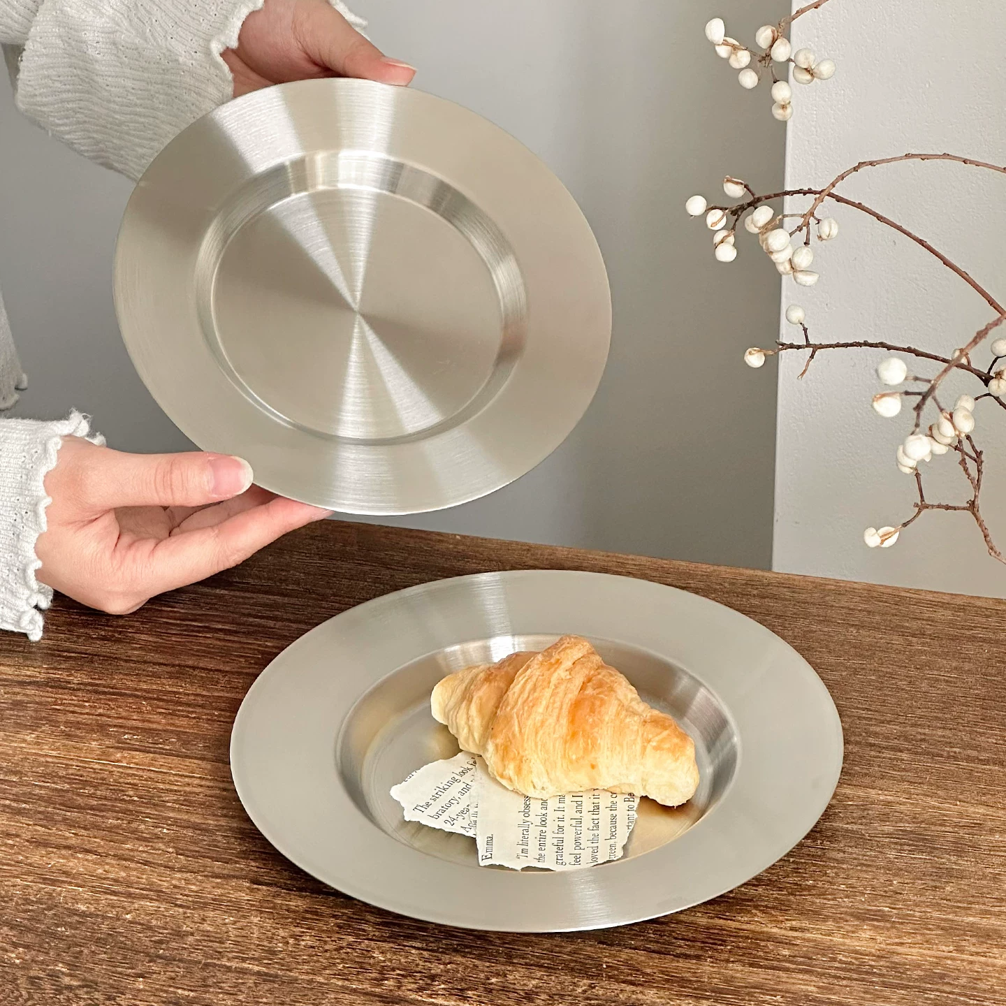 Đĩa thép không gỉ tròn, đĩa tráng miệng gia đình, đĩa bánh ngọt, đĩa ăn nhẹ sáng tạo cao cấp, đĩa mì bò bít tết