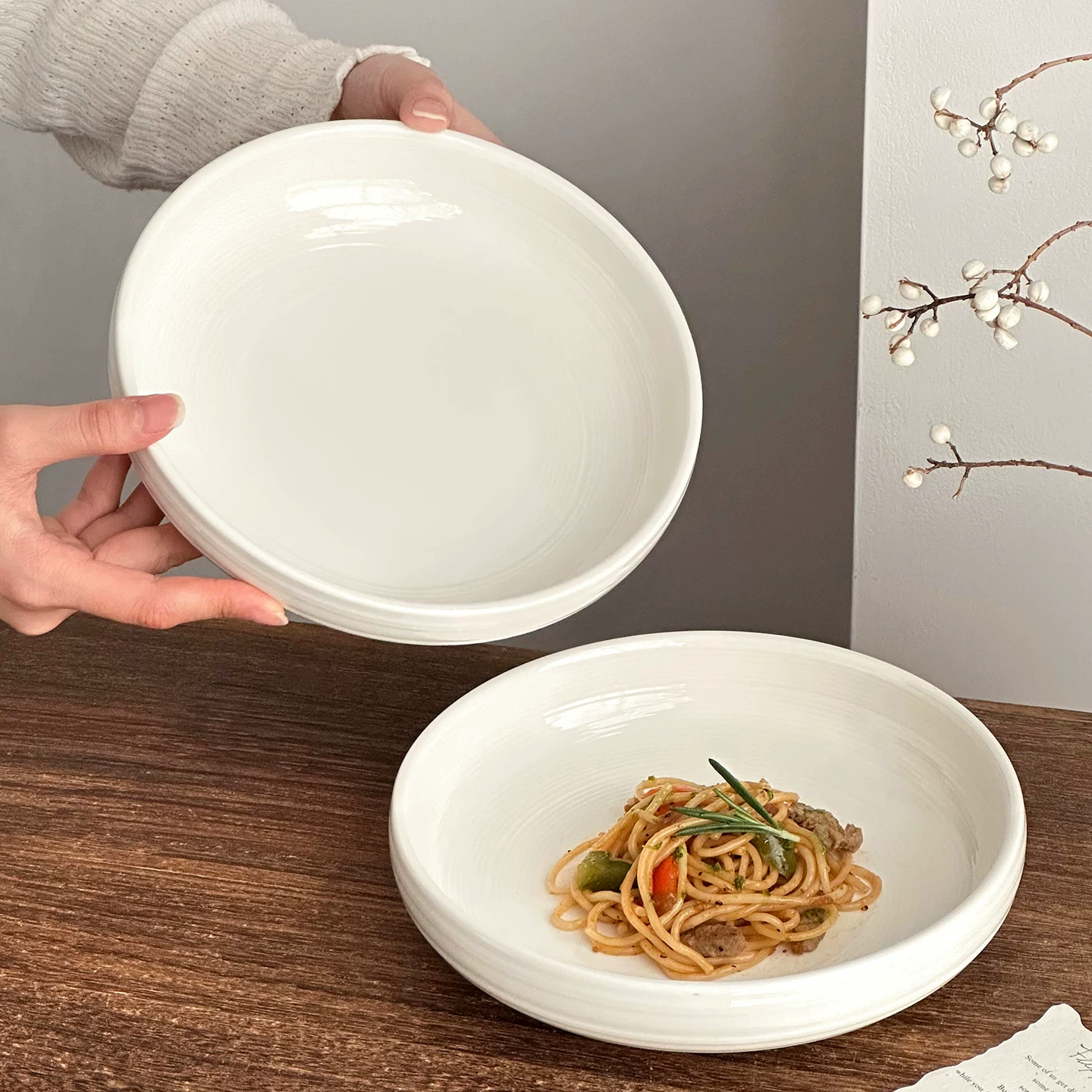 Đĩa sâu bằng gốm cao cấp, đĩa ăn gia đình, đĩa mì trắng tinh khiết, đĩa ăn kiểu Tây, bát súp lớn, bộ đồ ăn đơn giản