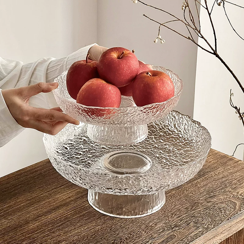 Đĩa trái cây thủy tinh, sang trọng nhẹ nhàng, cao cấp, dùng trong nhà, bàn trà phòng khách, đĩa trưng bày đồ ăn nhẹ, khay chân cao, giỏ đựng hoa quả khô.
