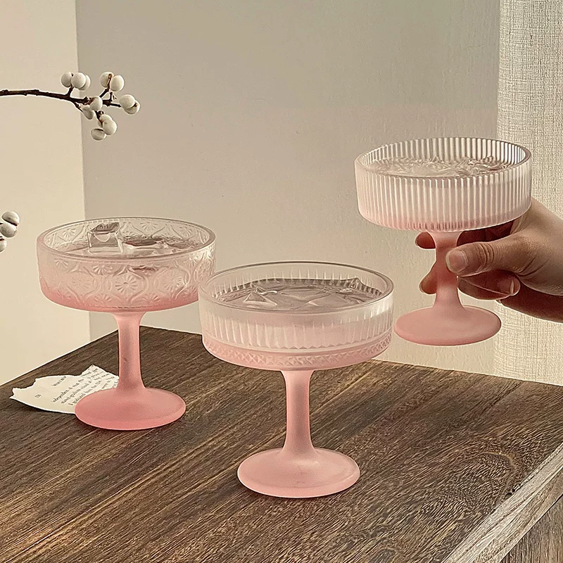 Ly thủy tinh cổ điển, hoa văn nổi mờ, ly cocktail cao cấp, ly rượu sâm banh, ly tráng miệng cao, ly pudding.