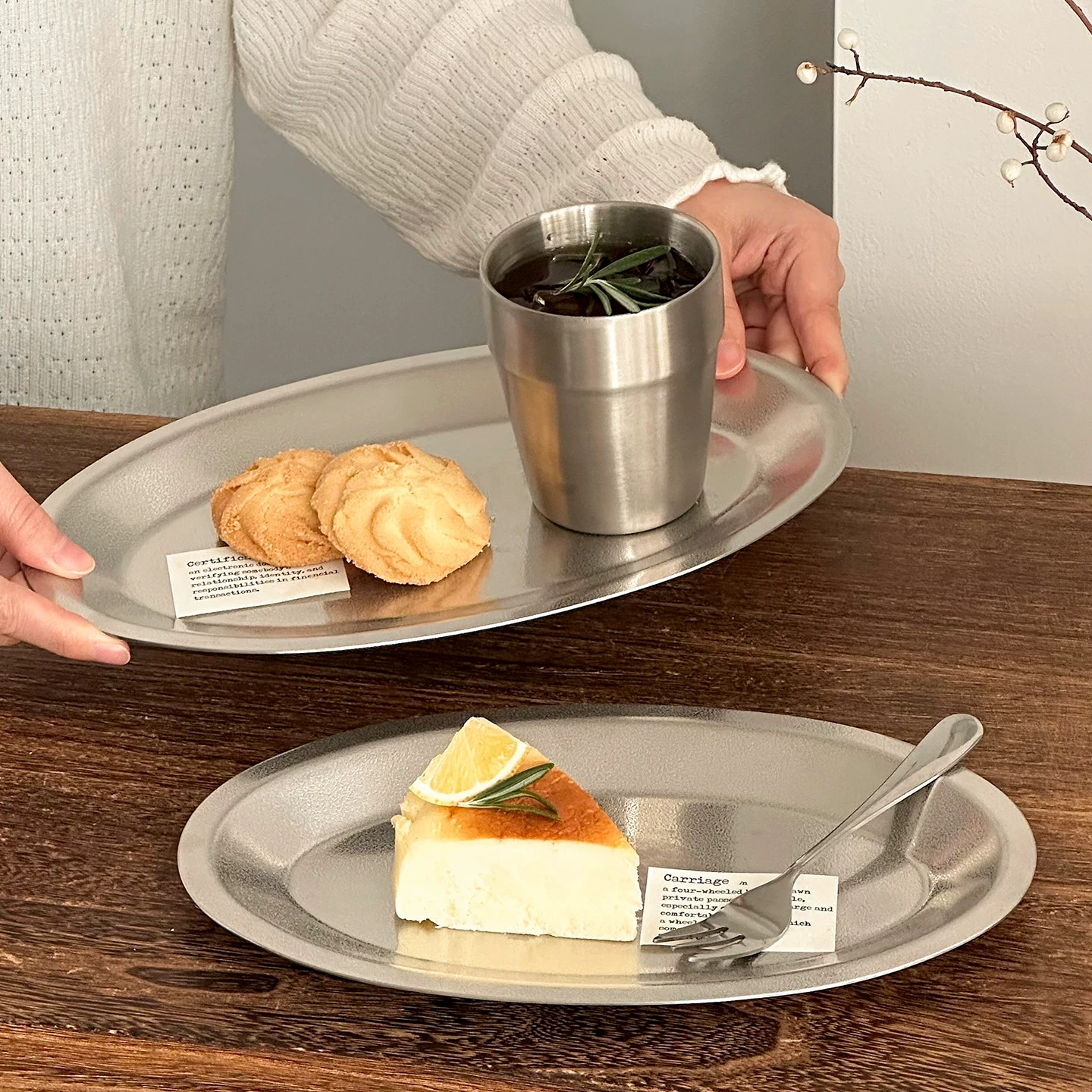 Đĩa oval bằng thép không gỉ cổ điển, khay đựng cà phê gia dụng, đĩa bánh mì bánh ngọt, đĩa tráng miệng sáng tạo, bộ đồ ăn trà chiều