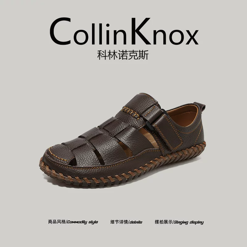 [Thời trang da thật] CollinKnox 2026 Mùa hè mới Dép thủ công khoét rỗng Dép nam cỡ lớn Giày đi biển