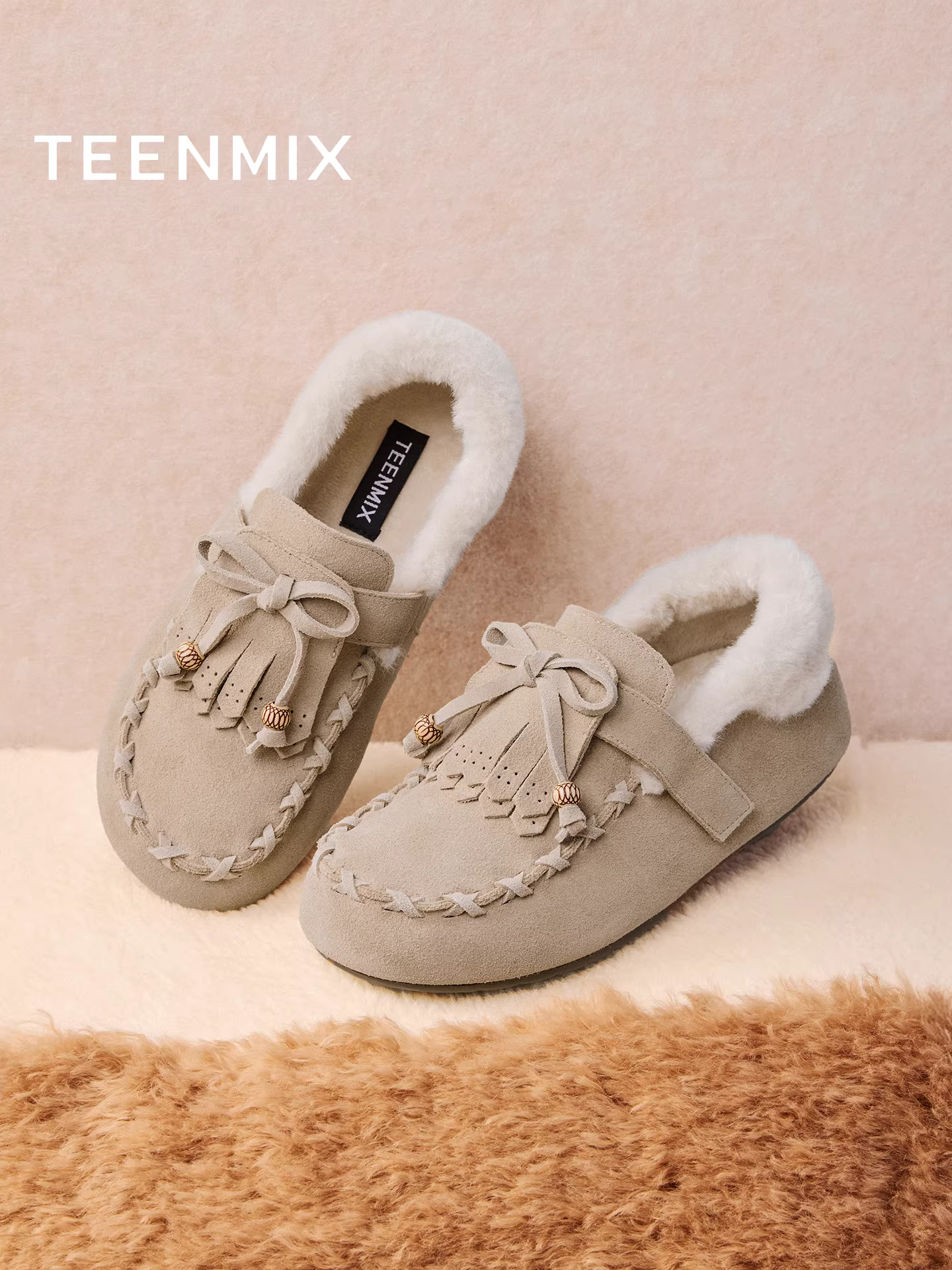 Giày lười đế dày lót lông cừu Tianmeiyi, giày lông, giày cotton, ủng tuyết nữ, bốt ngắn thông thường, phong cách mới mùa đông 2025