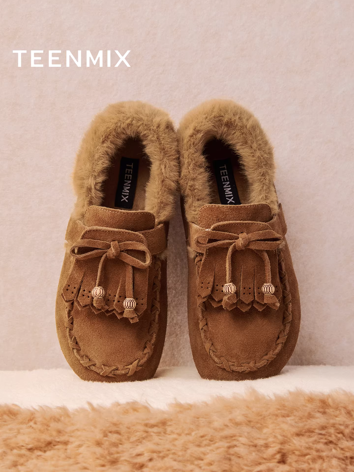 Giày lười đế dày lót lông cừu Tianmeiyi, giày lông, giày cotton, ủng tuyết nữ, bốt ngắn thông thường, phong cách mới mùa đông 2025