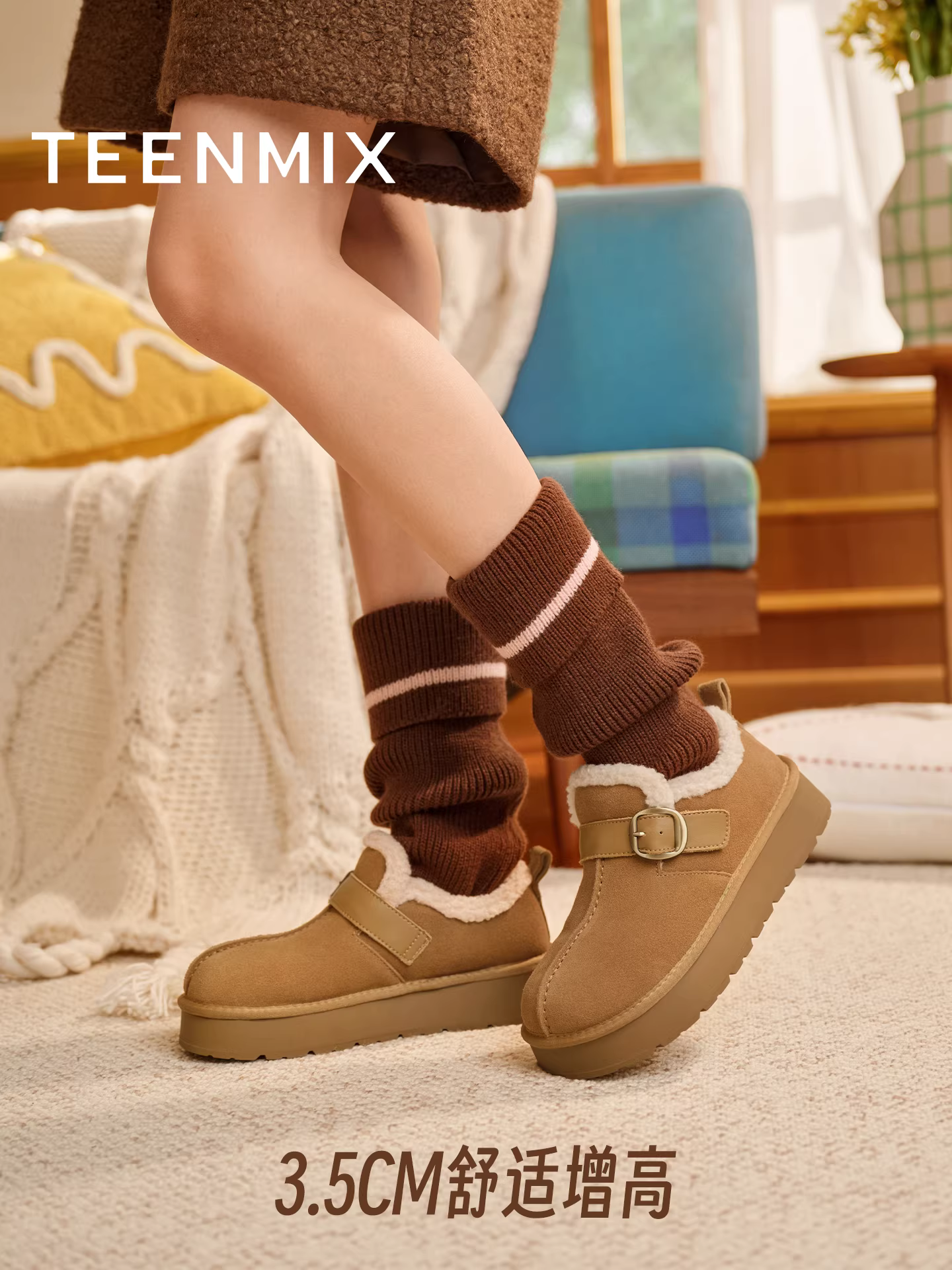 Giày bốt lông cừu dày đế cao kiểu Birkenstock Tianmeiyi ấm áp, giày bông nữ, bốt ngắn mùa đông 2025 mẫu mới