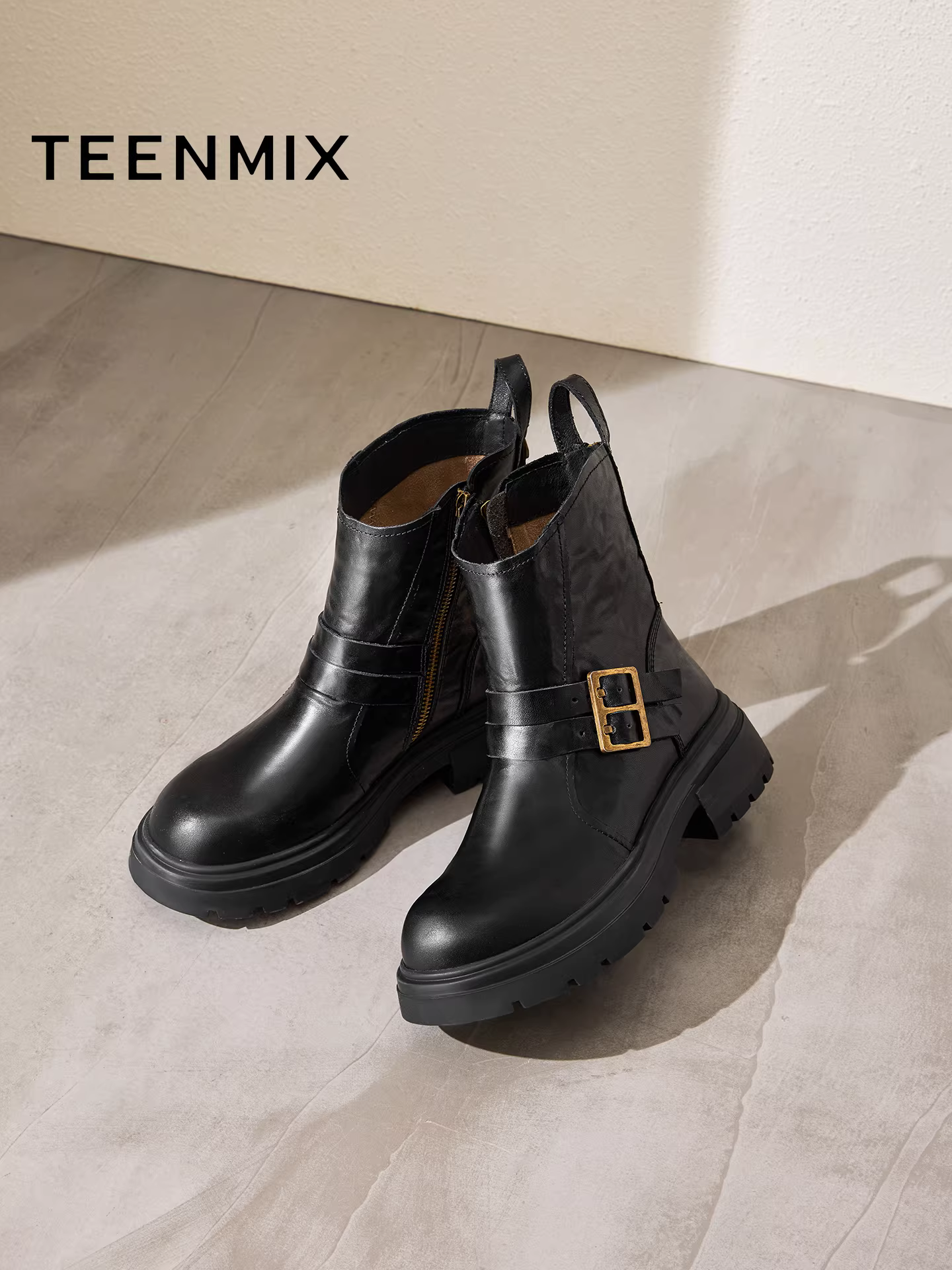 Giày bốt nữ kiểu Tianmeiyi Barn cổ điển, đế dày, lót lông cừu, phong cách miền Tây, giày bốt thời trang, bốt ngắn, bốt da, kiểu mới mùa đông 2025