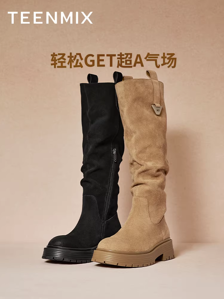 Giày bốt kiểu phương Tây cổ điển Tianmeiyi có lớp lót lông cừu, bốt hiệp sĩ, bốt dài, giày nữ, bốt cổ cao đế dày, phong cách mùa đông mới.