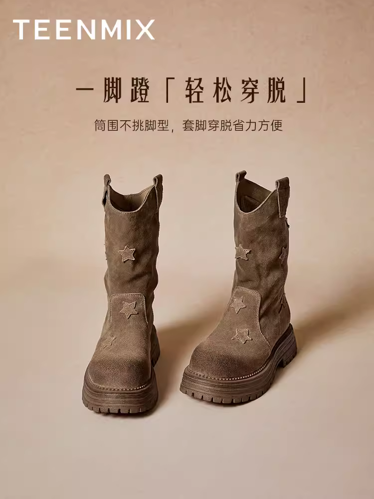 Giày bốt kiểu Tianmeiyi Barn cổ điển, kiểu miền Tây, kiểu xếp lớp, lót lông cừu, giày cưỡi ngựa, giày nữ, bốt ngắn, kiểu mới mùa đông