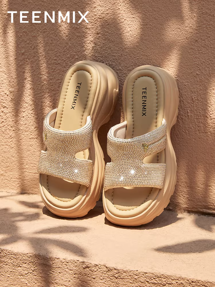 Dép xỏ ngón Tianmeiyi đính kim cương giả, dép đế dày tăng chiều cao cho nữ, dép đi ngoài trời thông thường, mẫu mùa hè mới BI972BT5
