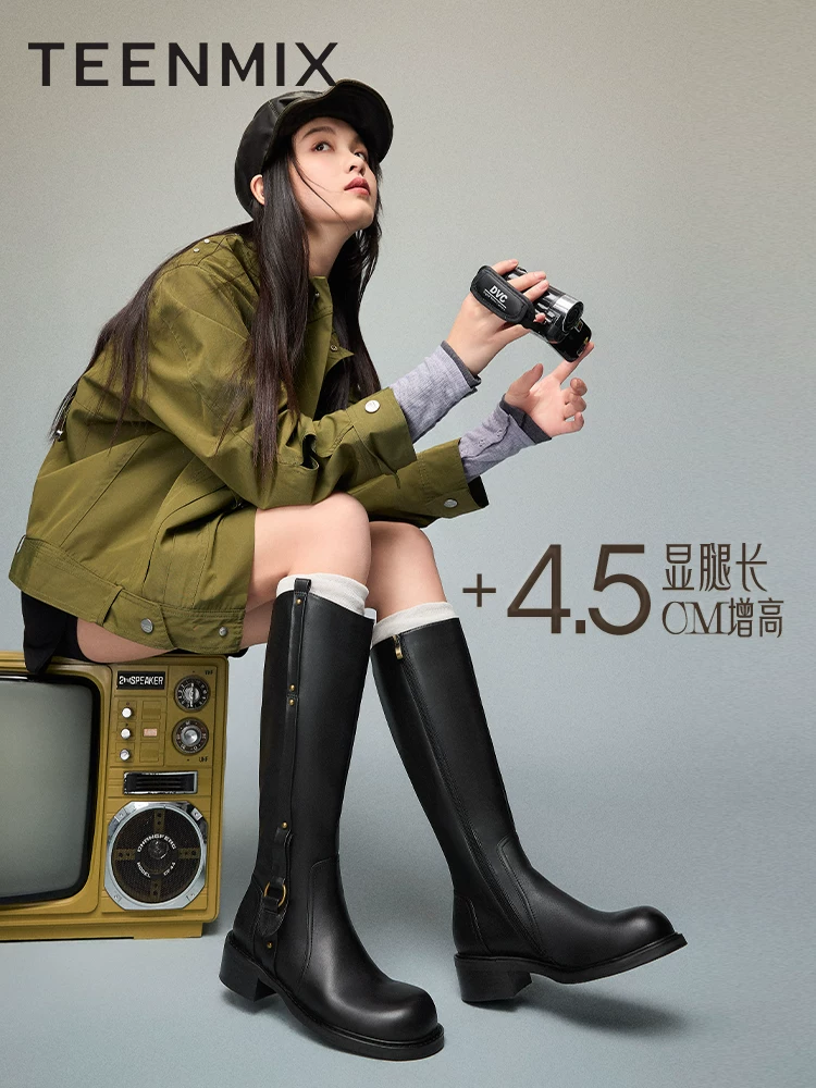 Giày bốt hiệp sĩ cổ điển dành cho xe máy Tianmeiyi có lớp lót lông cừu, bốt thời trang cổ cao dành cho nữ, bốt da, mẫu mùa đông mới.