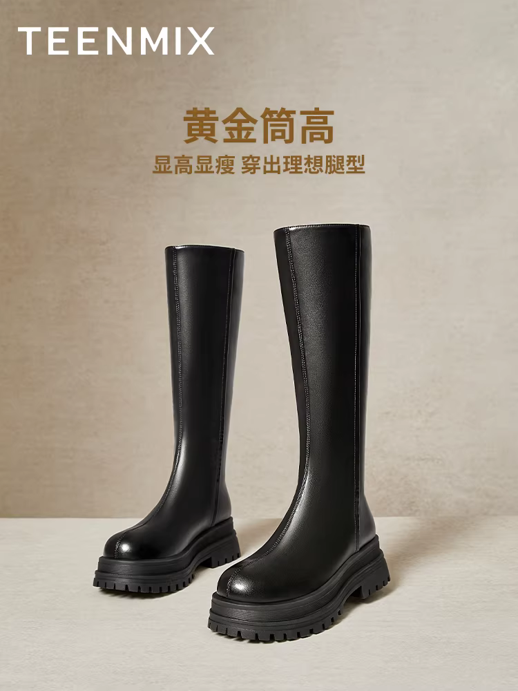 Giày bốt hiệp sĩ đế dày cổ điển Tianmeiyi có lót lông cừu, bốt cao cổ, giày nữ, bốt thời trang, bốt da, mẫu mùa đông mới.