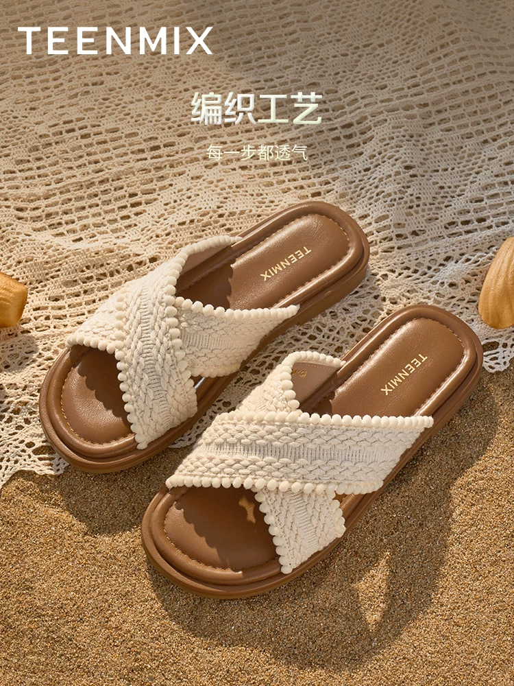 Dép đế bằng dệt Tianmeiyi dành cho nữ, dép đi ngoài trời thông thường, mẫu mùa hè mới KT072BT5