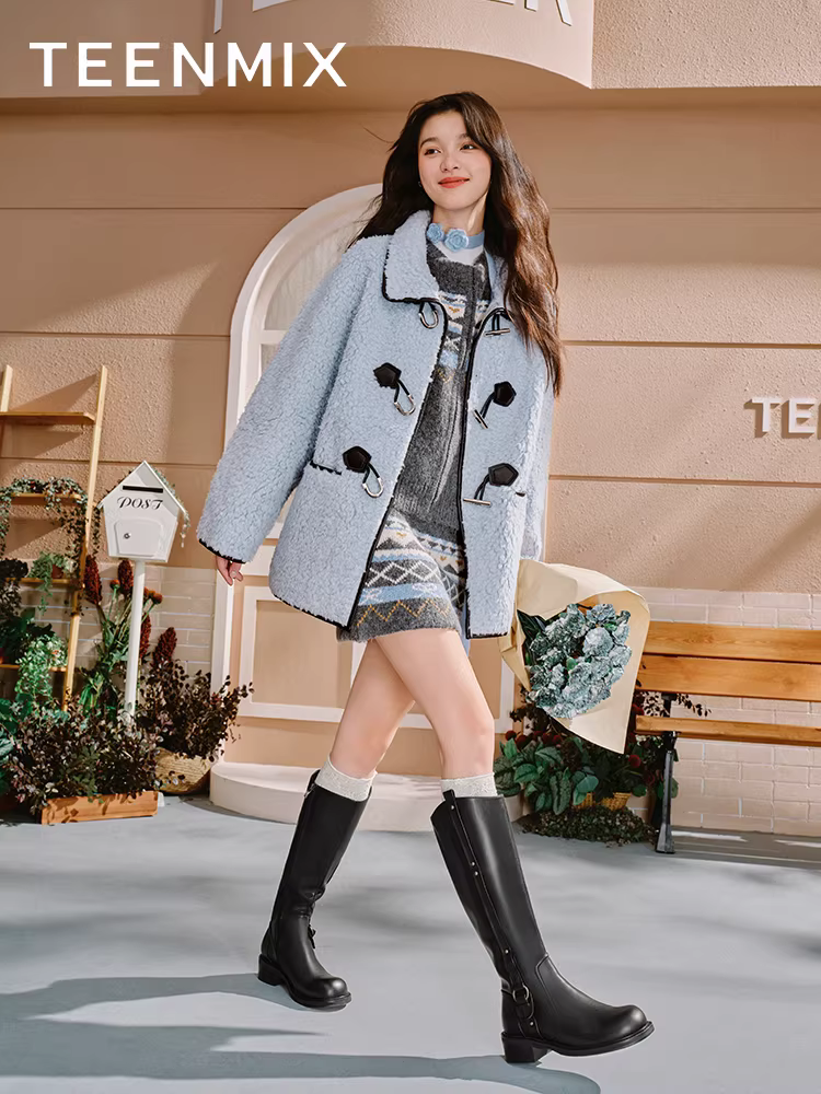 Giày bốt hiệp sĩ cổ điển dành cho xe máy Tianmeiyi có lớp lót lông cừu, bốt thời trang cổ cao dành cho nữ, bốt da, mẫu mùa đông mới.