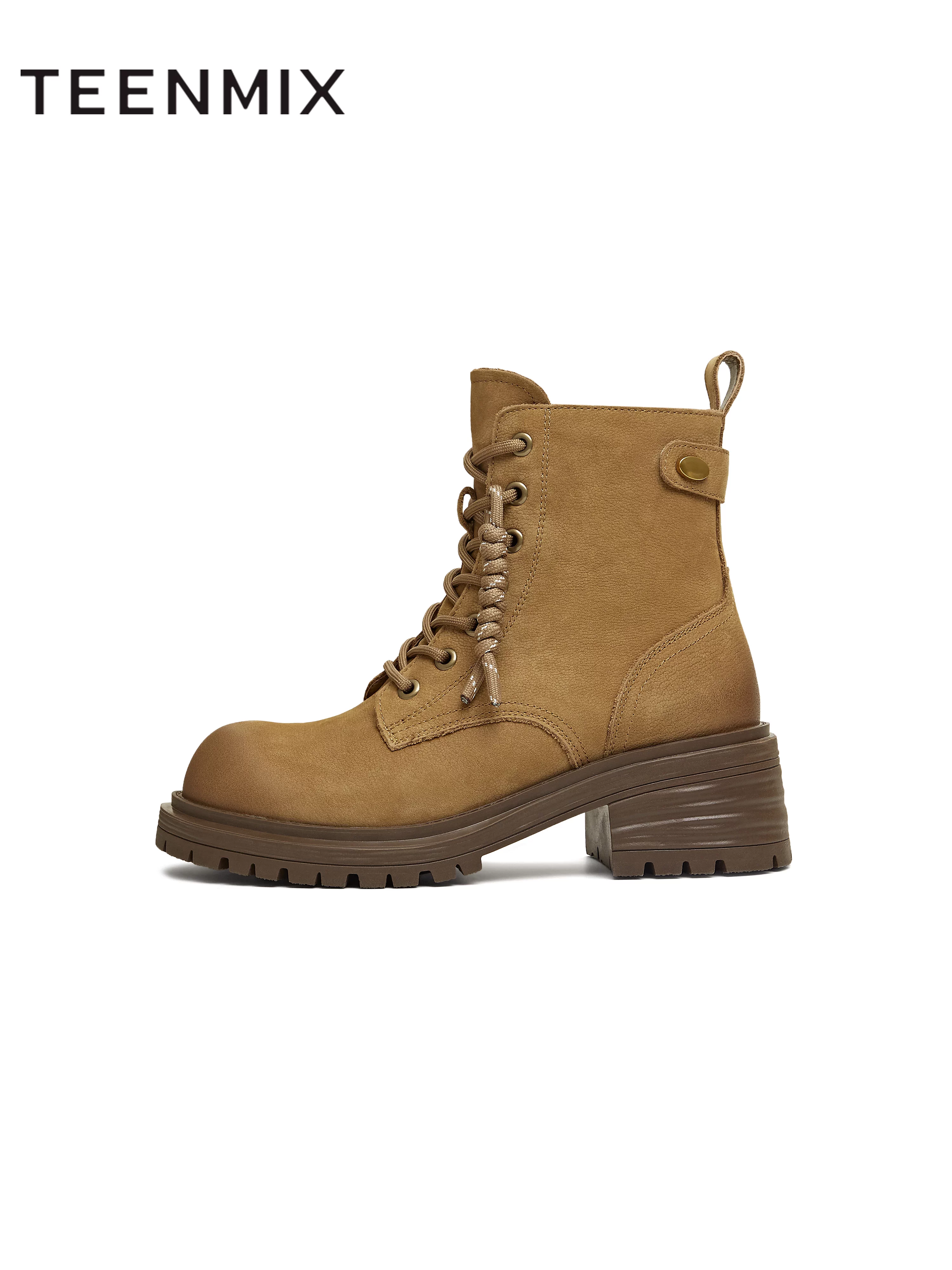 Giày bốt công sở đế dày tăng chiều cao Tianmeiyi, bốt màu vàng có lót lông cừu, bốt Martin, bốt ngắn thông thường dành cho nữ, mẫu mới mùa đông 2025.