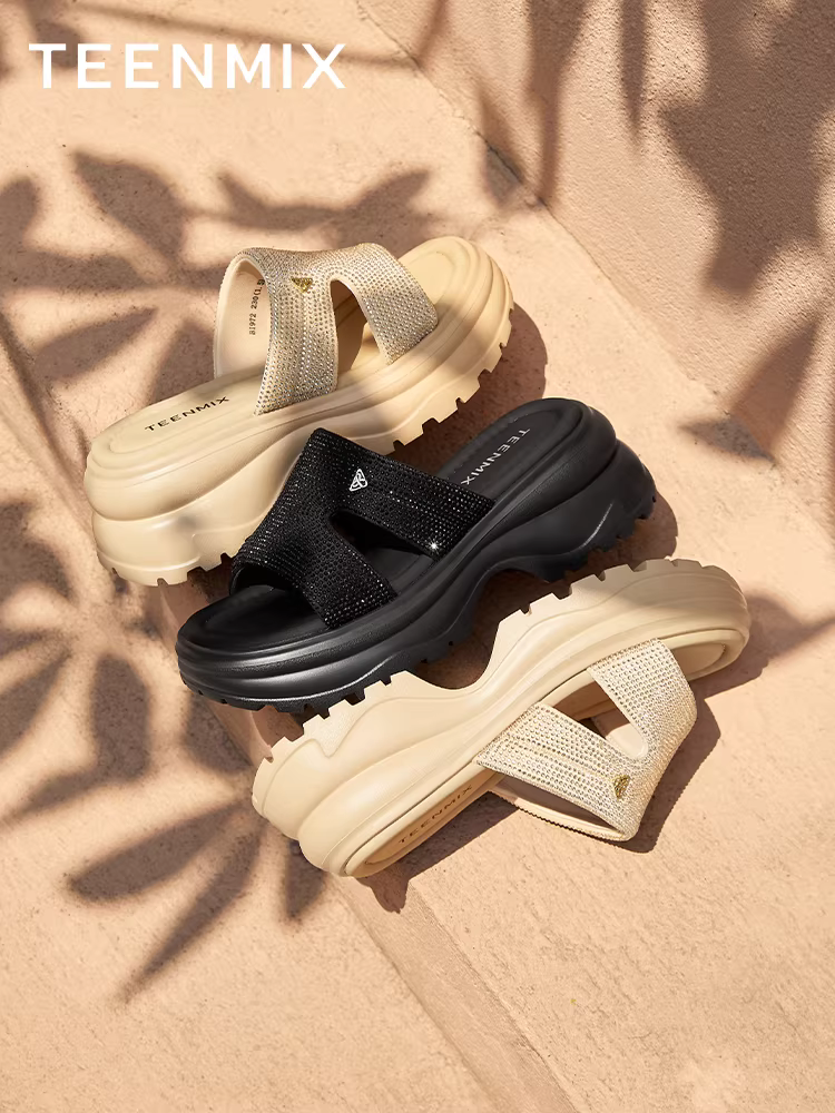 Dép xỏ ngón Tianmeiyi đính kim cương giả, dép đế dày tăng chiều cao cho nữ, dép đi ngoài trời thông thường, mẫu mùa hè mới BI972BT5