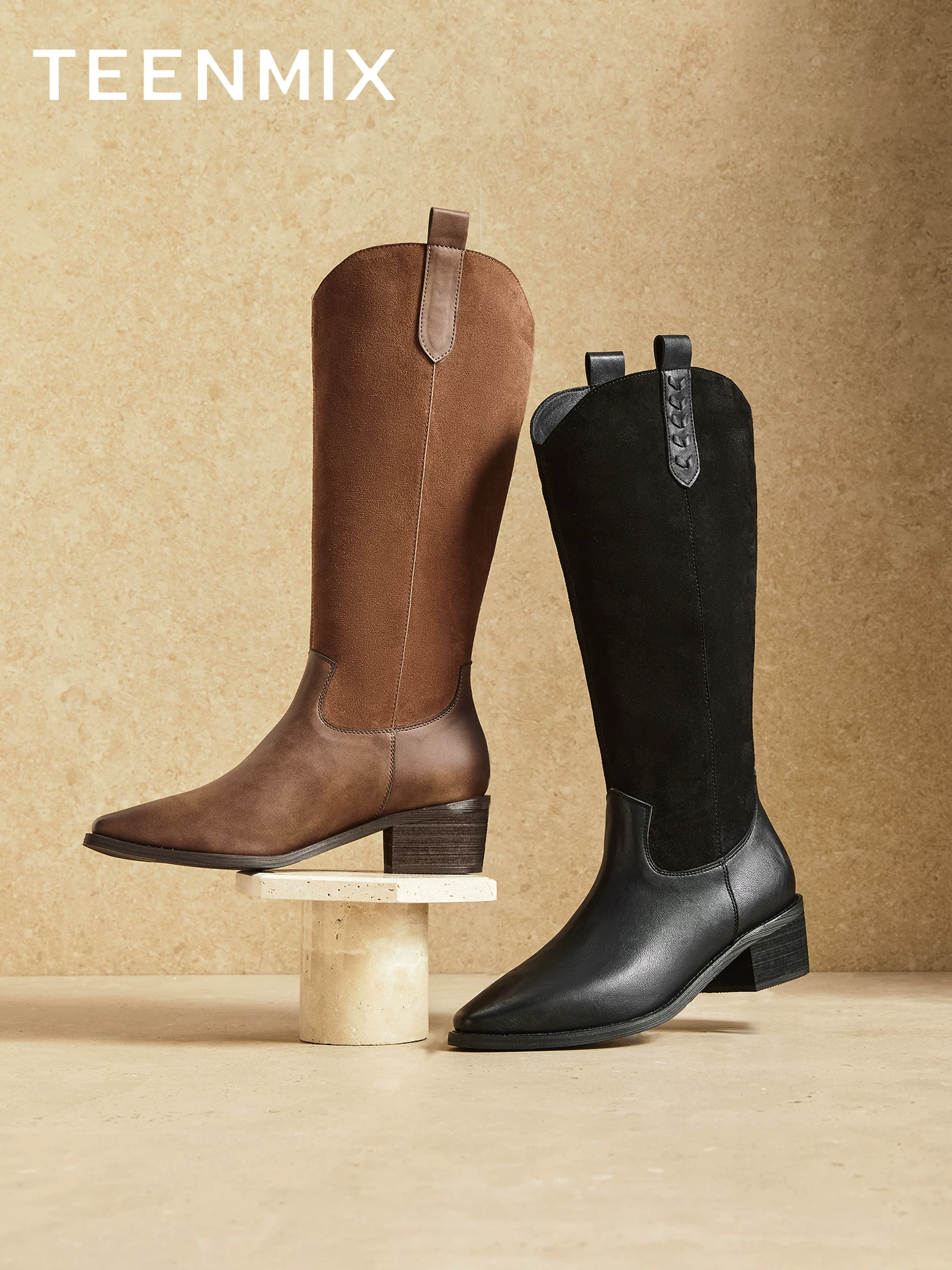 Giày bốt cao cổ nữ Tianmeiyi đế thô kiểu retro, mũi nhọn, kiểu dáng ôm sát, phong cách miền Tây, mùa thu 2025, kiểu mới