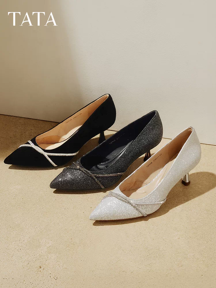 Giày cao gót mũi nhọn TATA dành cho nữ, giày cưới, giày cô dâu, giày phù dâu, kiểu dáng nông, mã 7QT08AQ5, năm 2025