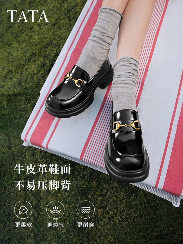 Giày lười đế dày TATA cùng kiểu dáng của Shen Yue dành cho nữ, giày da tăng chiều cao gót dày, giày JK 7GZ21CA5