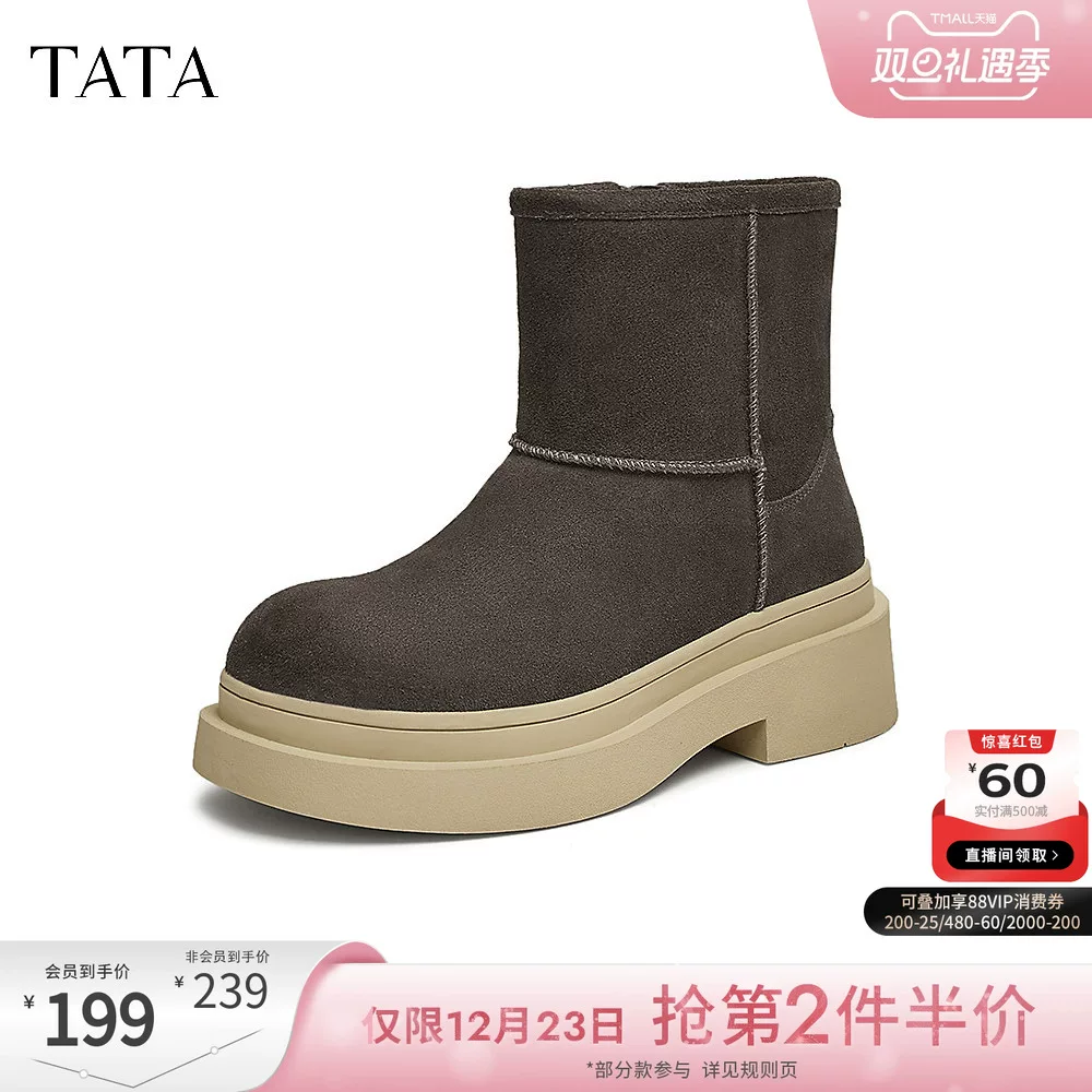 TATA Đế Dày Lót Lông Cừu Ủng Nữ Giày Bốt Nữ Ấm Da Thật Chính Hãng Da Vintage Giày Boot Cổ Ngắn Mùa Đông 2024 Mới CW501DD4