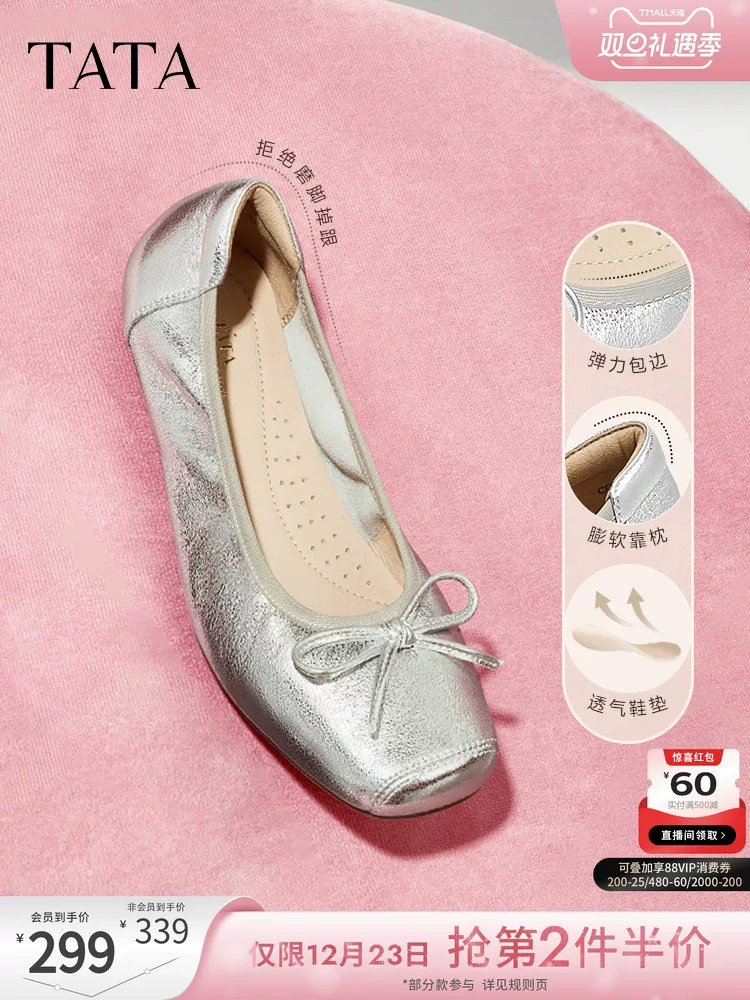 Giày đế mềm TATA Silver Ballet Flats Giày đế mềm cho nữ Giày da cừu UUY01CQ5
