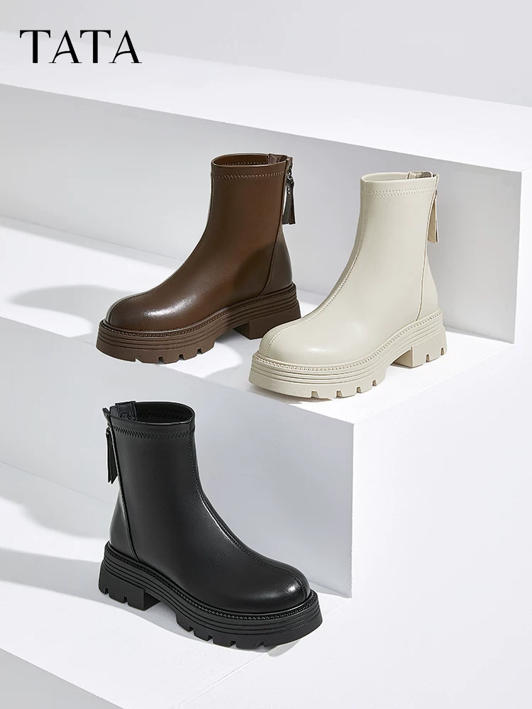 Giày bốt giảm béo đàn hồi TATA Giày bốt giảm béo đế dày thời trang giản dị Giày bốt ngắn đi làm mẫu mới CFK01DZ4