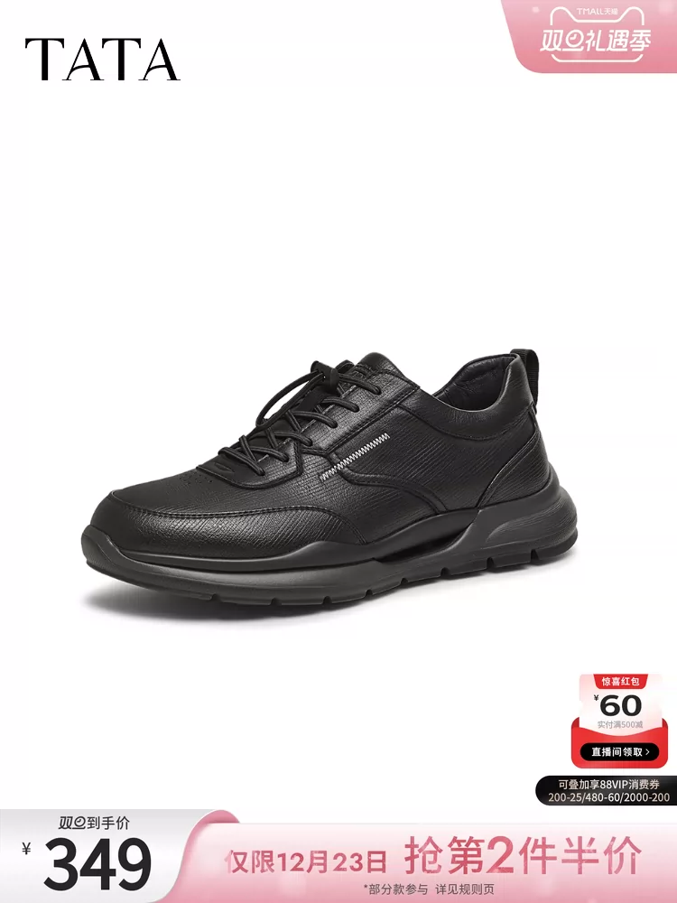 Giày thể thao nam TATA kiểu doanh nhân, kiểu lười, da đen, mẫu mới 2025, mã VLK01AM5