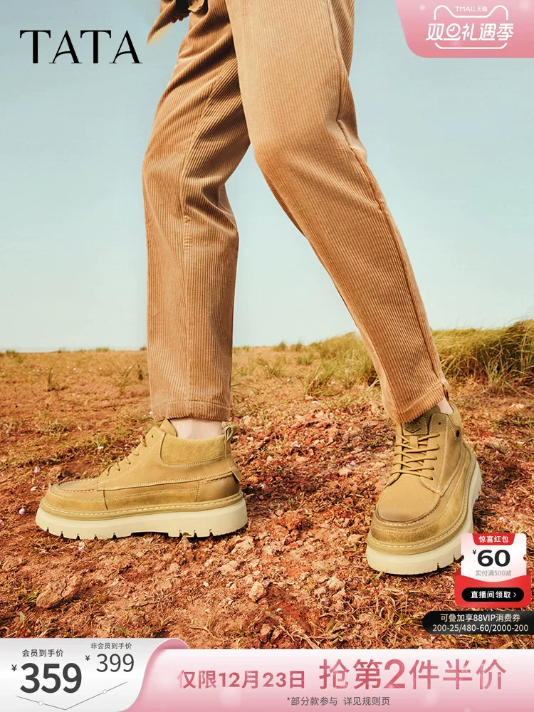 Giày bốt cổ ngắn đế dày kiểu cổ điển của Tata Giày bốt nam đi làm Giày cao cổ nam da thật lót lông cừu ngoài trời Giày bốt Martin mùa đông