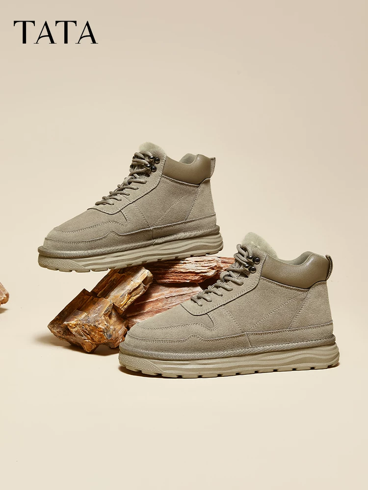 Giày bốt tuyết đế dày TATA dành cho nam, lót lông cừu, giữ ấm, kiểu Martin, giày cotton cổ cao, mẫu mới mùa đông