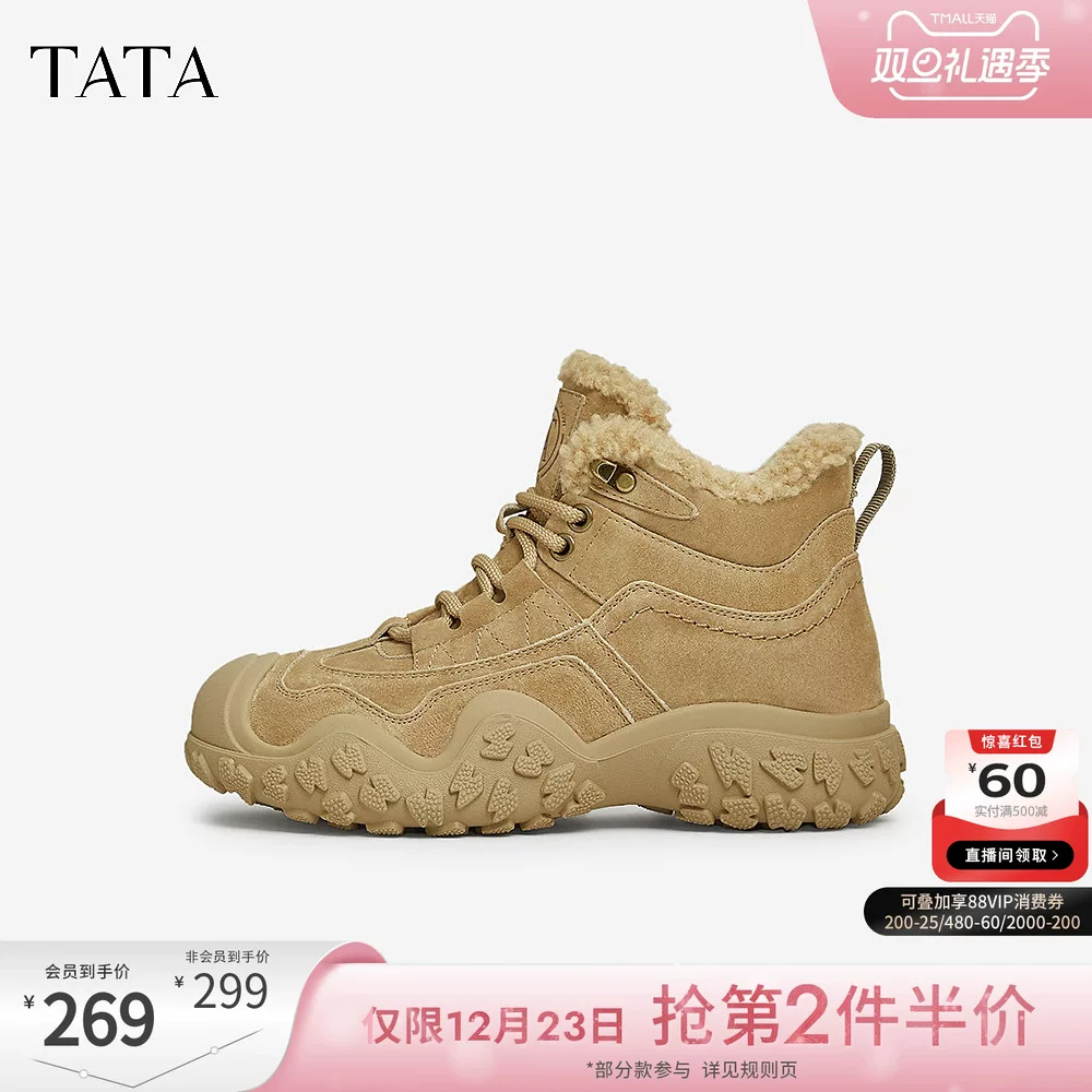 Giày thể thao đế dày TATA Giày bốt nữ có lót lông cừu Giày bốt ngắn Giày cao cổ mùa đông 2024 Mẫu mới CGM01DD4