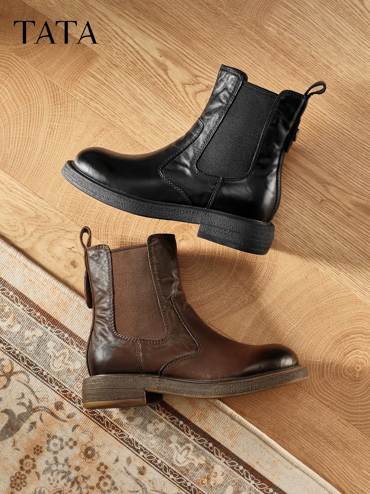 Giày Bốt Nữ TATA Mùa Đông Da Bò Retro Chelsea Boots Giảm Béo Da Thật Chính Hãng Da Giày Boot Cổ Ngắn Giày Bốt Mỏng UWP01DD5