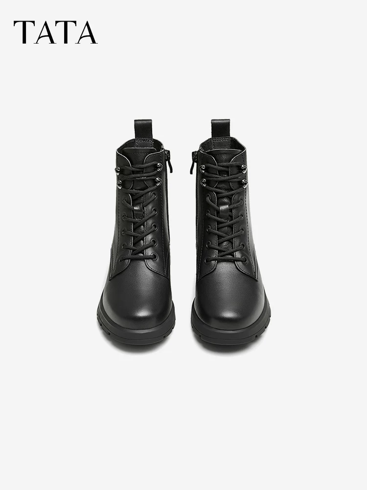 Giày bốt Martin gót thô kiểu dáng thường ngày TATA dành cho nữ, chất liệu da, đi làm, buộc dây, cổ ngắn, mùa đông 2024 mới 7BU55DD4