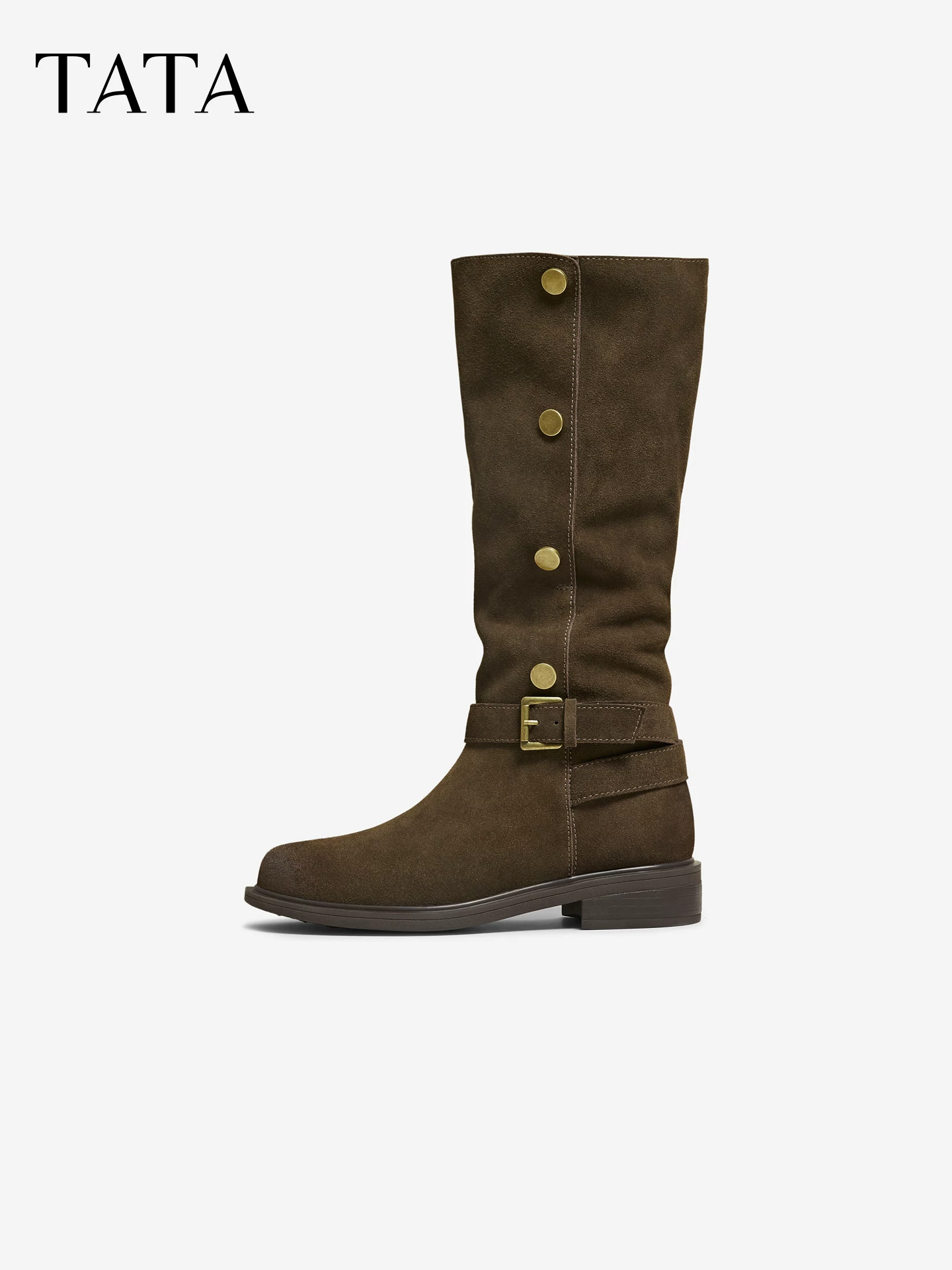 Giày bốt dài nữ TATA 2025 Giày bốt màu nâu có lót lông cừu Giày bốt cao cổ CKL01DG5