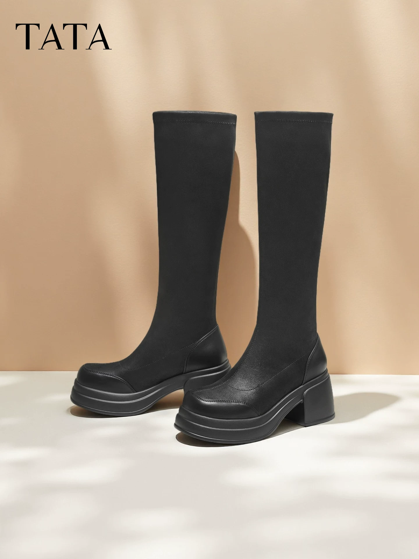 TATA giày bốt dài của anh ấy/cô ấy 2025 giày bốt hiệp sĩ giảm béo giày bốt thời trang đế dày giày bốt dài giày bốt đen WEC05DG5