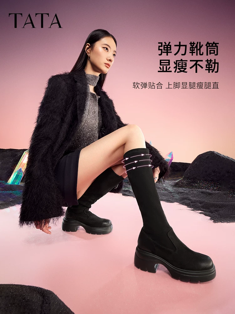 Giày bốt dài đế dày co giãn Tata Giày bốt nữ thông thường Giày cao cổ giảm béo mùa đông 2024 Mẫu mới 7DK80DG4