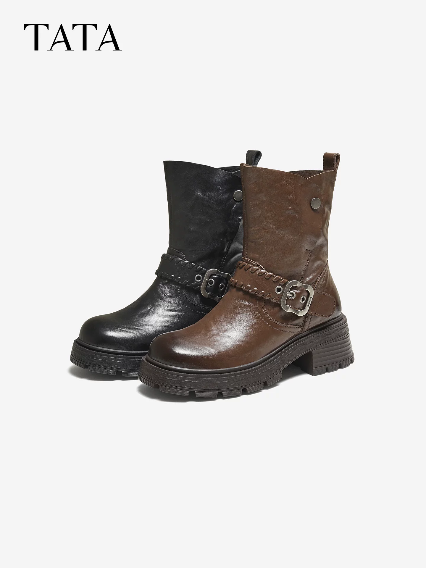 Giày Bốt Nữ TATA 2025 Da Bò Giày Bốt Thời Trang Đa Năng Giày Bốt Trung Bình Giày Bốt Tây Đế Dày UWQ01DZ5