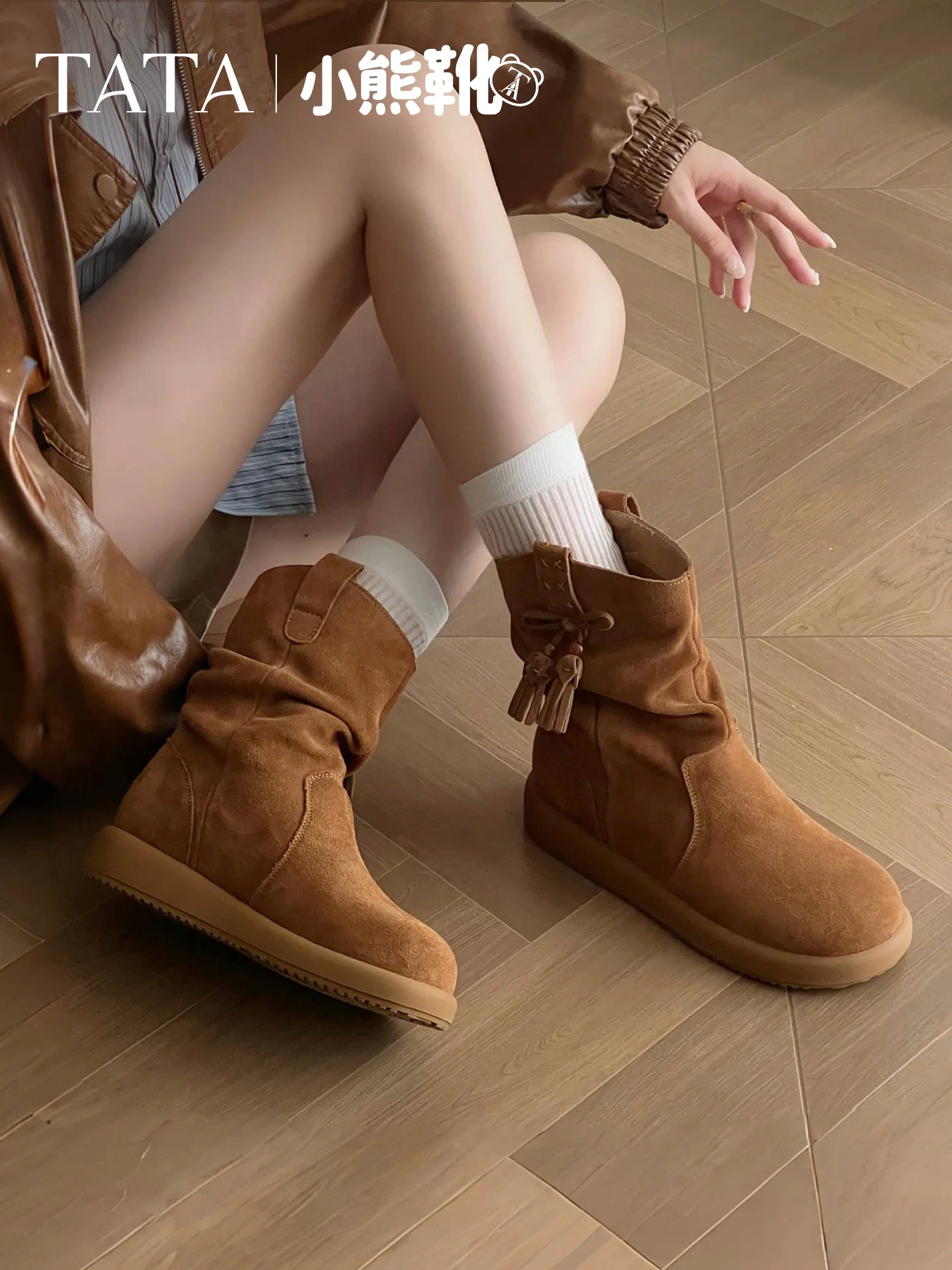 Giày bốt gấu TATA cùng kiểu dáng của Chu Yeyong, bốt dáng rộng kiểu phương Tây, bốt ngắn lót lông cừu, bốt Melard CHD01DZ5