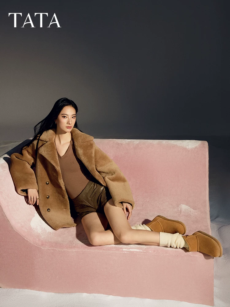 Giày bốt TATA Bear có lớp lót lông cừu, Giày bốt đi tuyết nữ, Giày bốt lông thú, Giày bốt ngắn ấm áp, Giày cotton 2024CDK01DD4