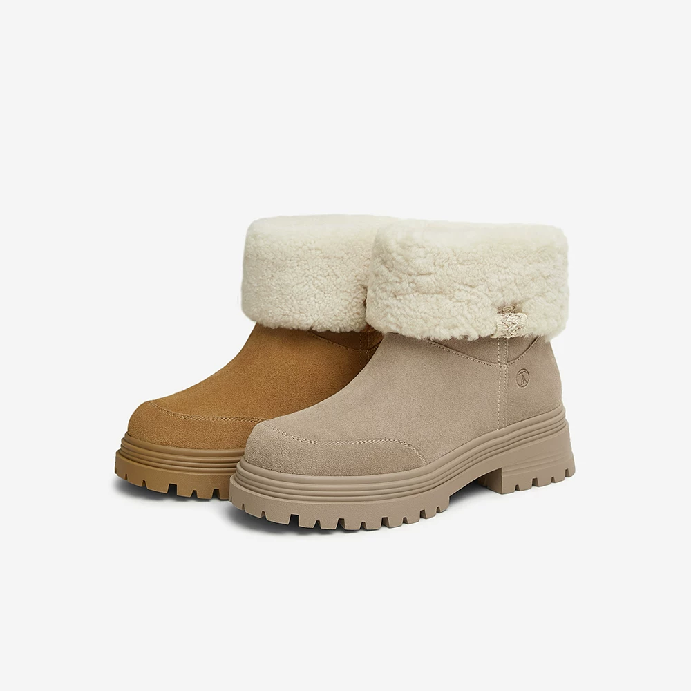 Giày bốt đi tuyết mùa đông đế dày TATA Giày bốt nữ có lót lông cừu Giày bốt ngắn ấm áp Giày cotton lông thú mẫu mới 7D253DD4