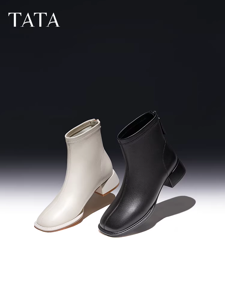 TATA Giày bốt ngắn thời trang kiểu Pháp Giày bốt nữ da cừu thông thường Giày bốt co giãn mùa đông 2024 mẫu mới XJE01DD4