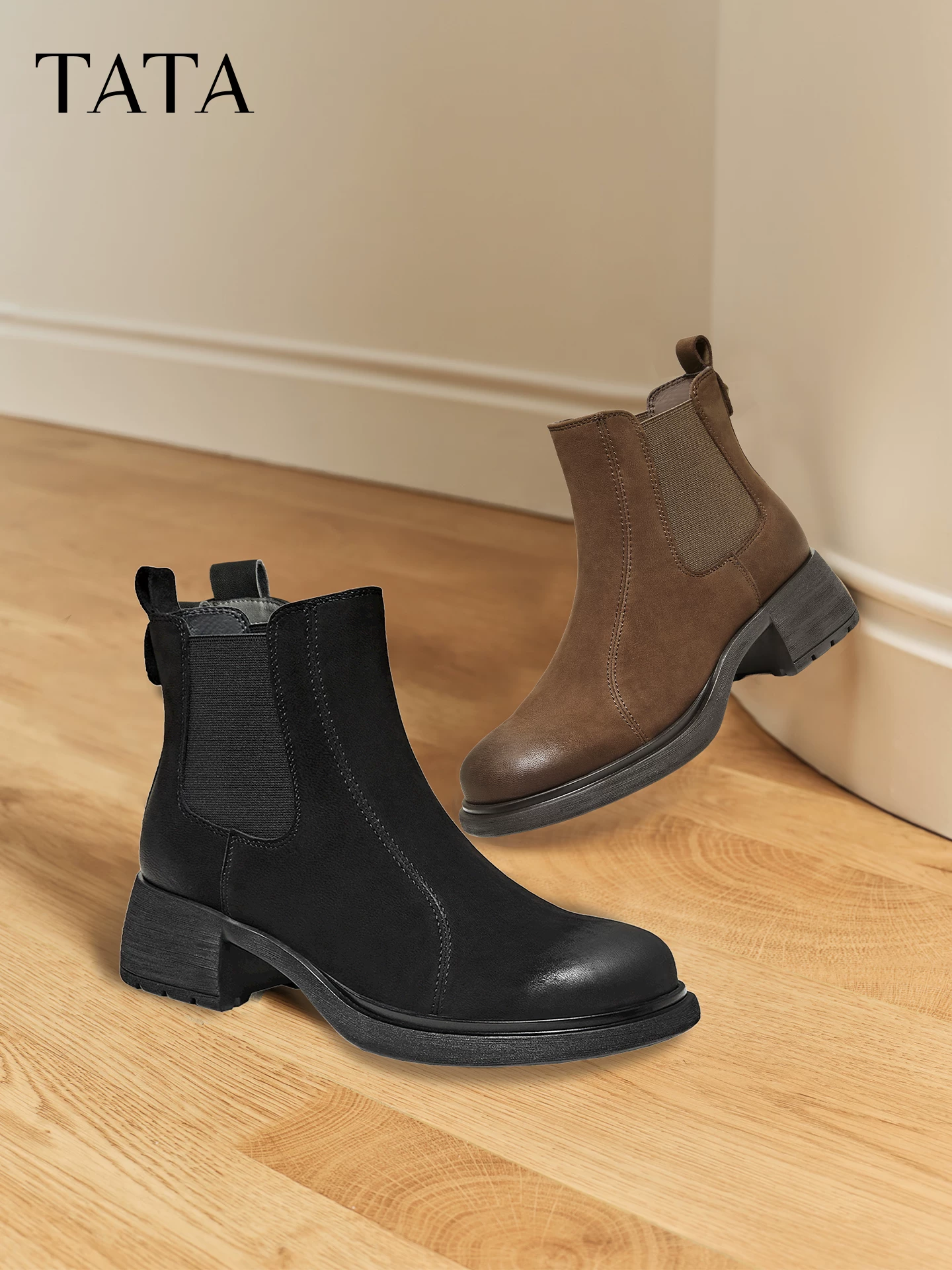 Giày TATA 2025 Giày Chelsea Boot Da Cừu Mùa Đông Phong Cách Anh Quốc Giày Bốt Cổ Ngắn Lót Lông Giày Nữ Giảm Béo 7C844DD5
