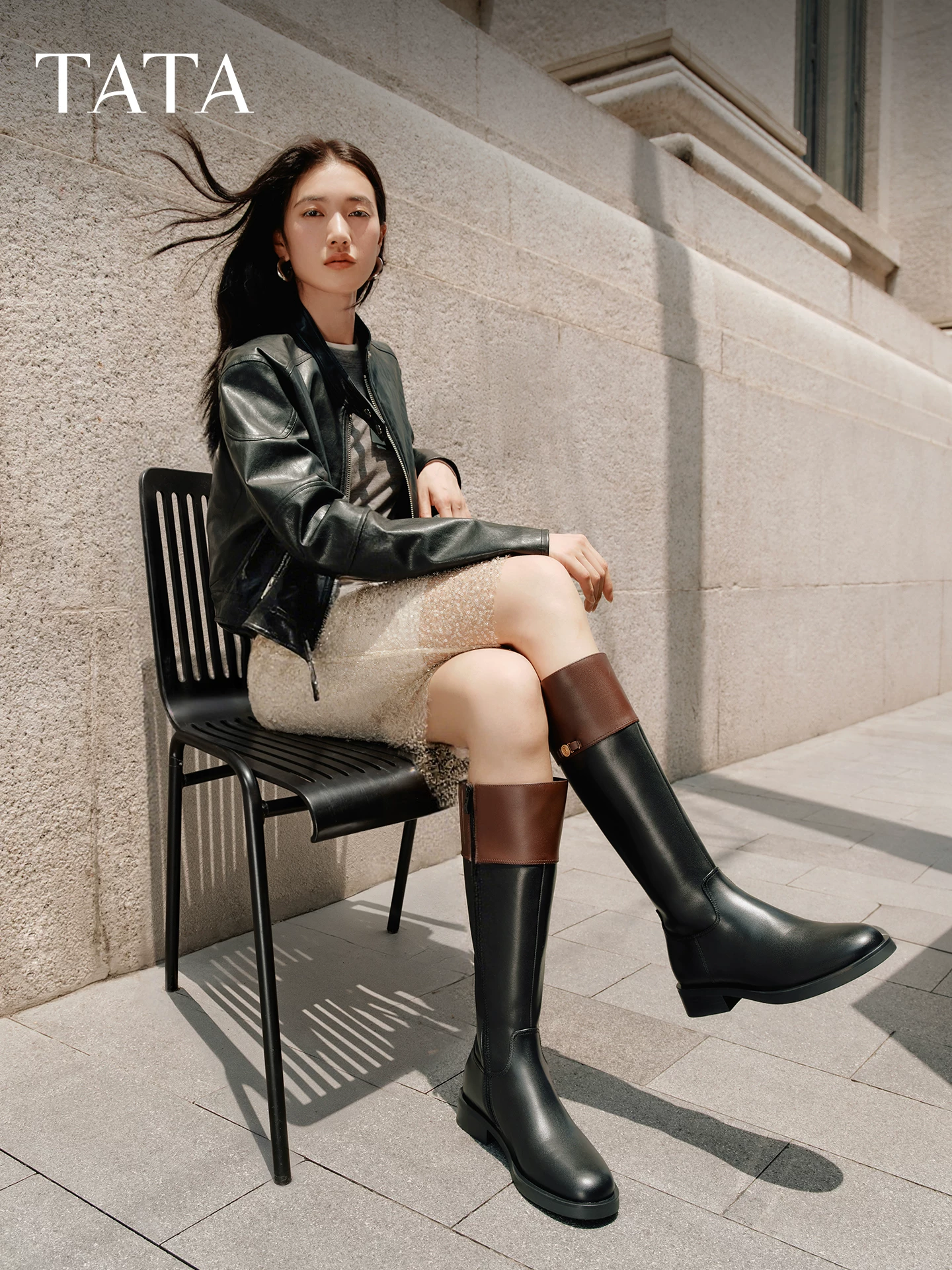 Giày bốt siêu mẫu TATA, bốt da mùa đông đa năng đế dày, bốt da cổ cao 7TGC1DG5